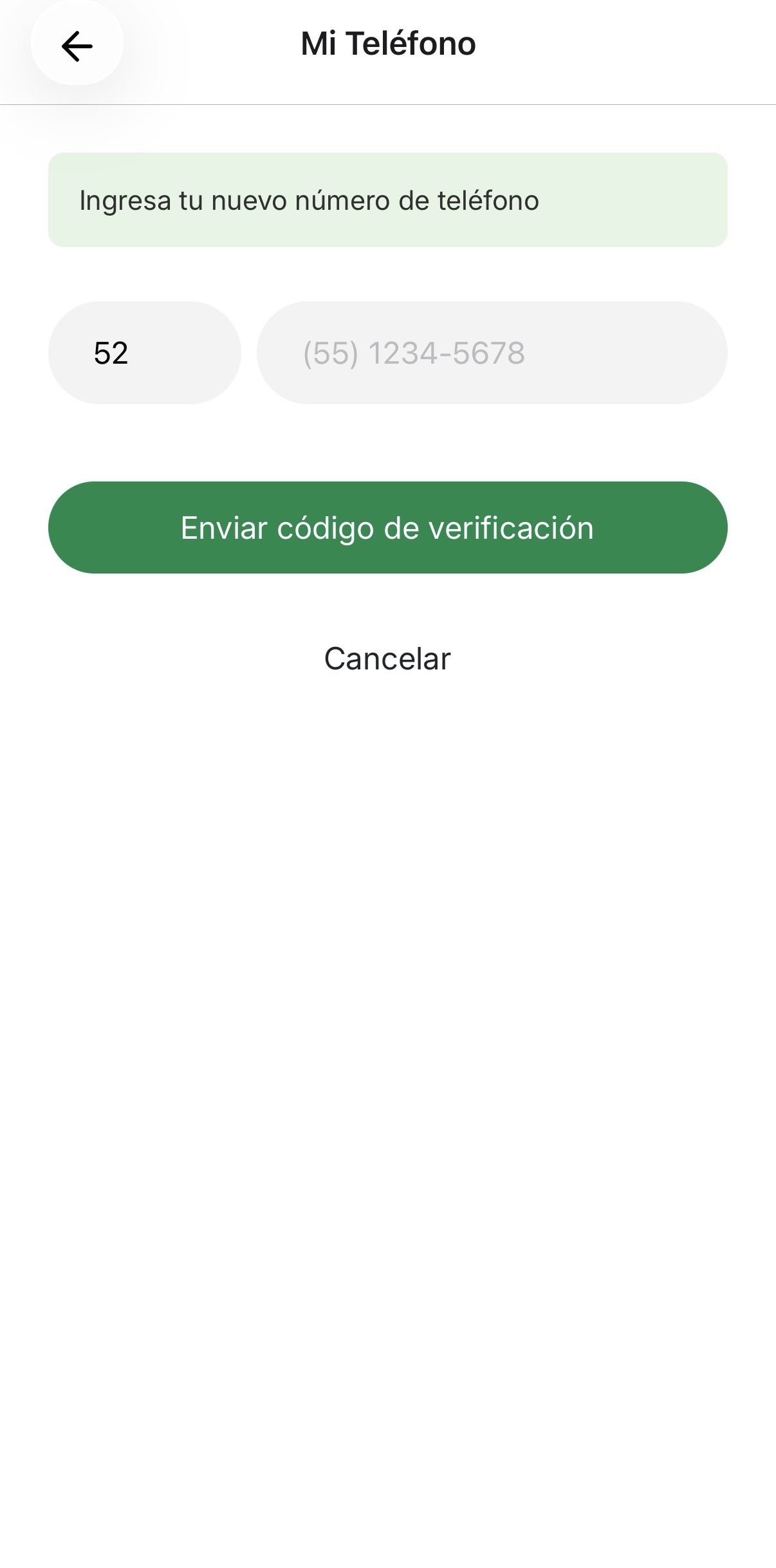 Pantalla para ingresar tu número y enviar el código de verificación